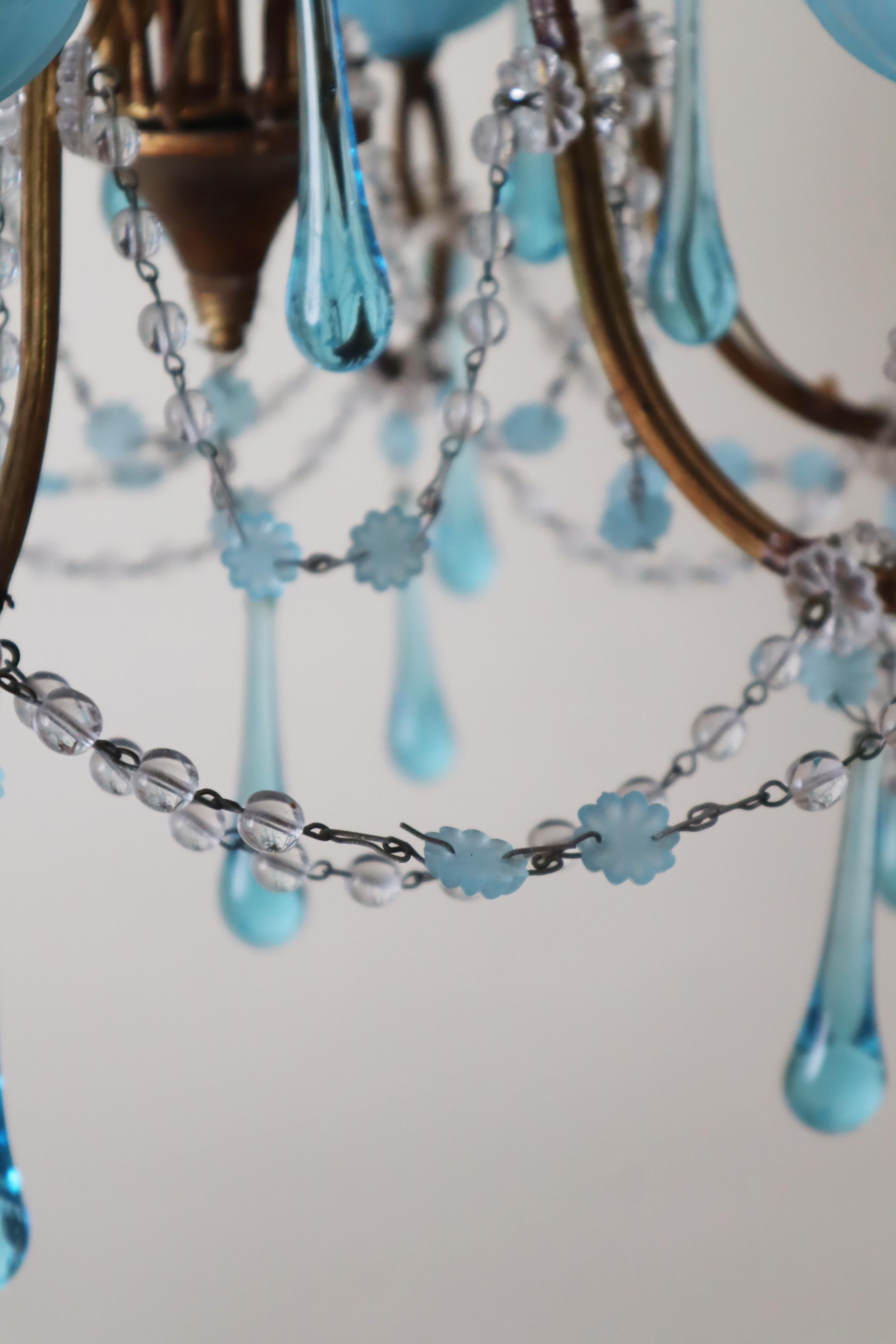Hand-Crafted Chandelier with Opaline Blue Murano Glass and Aquamarine like Adria For Sale
