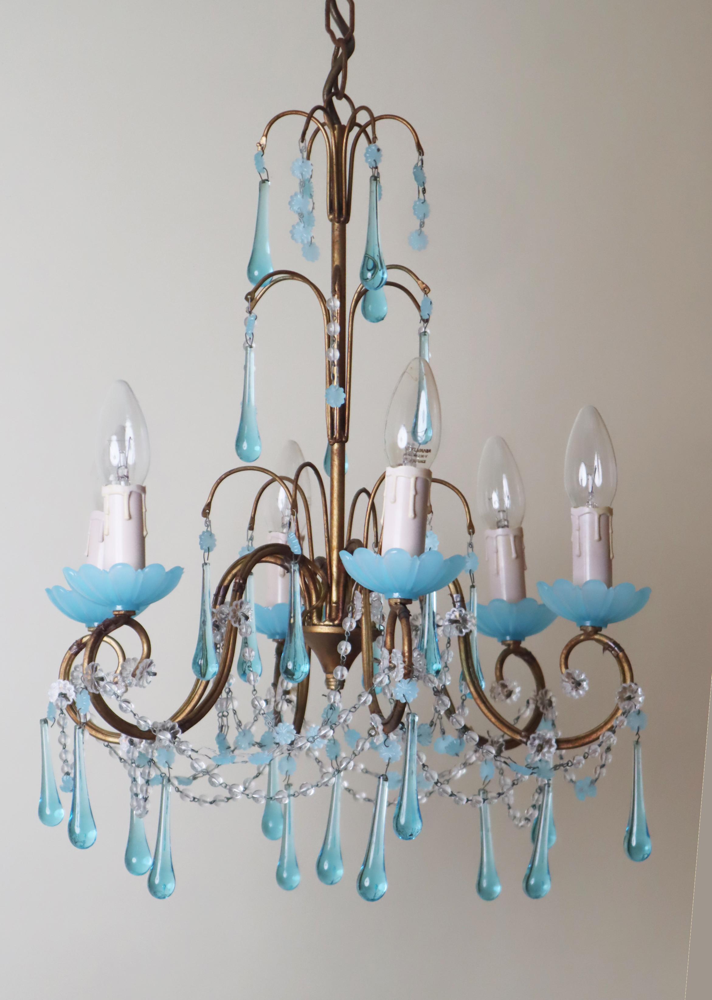 Mid-20th Century Chandelier with Opaline Blue Murano Glass and Aquamarine like Adria For Sale