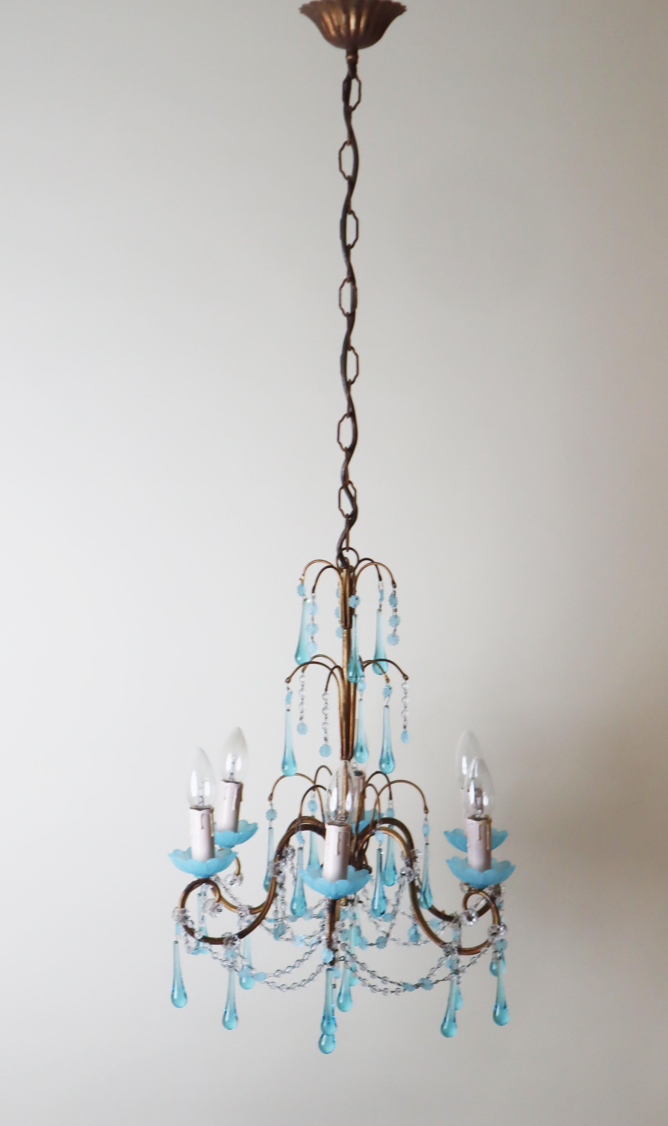 Blown Glass Chandelier with Opaline Blue Murano Glass and Aquamarine like Adria For Sale