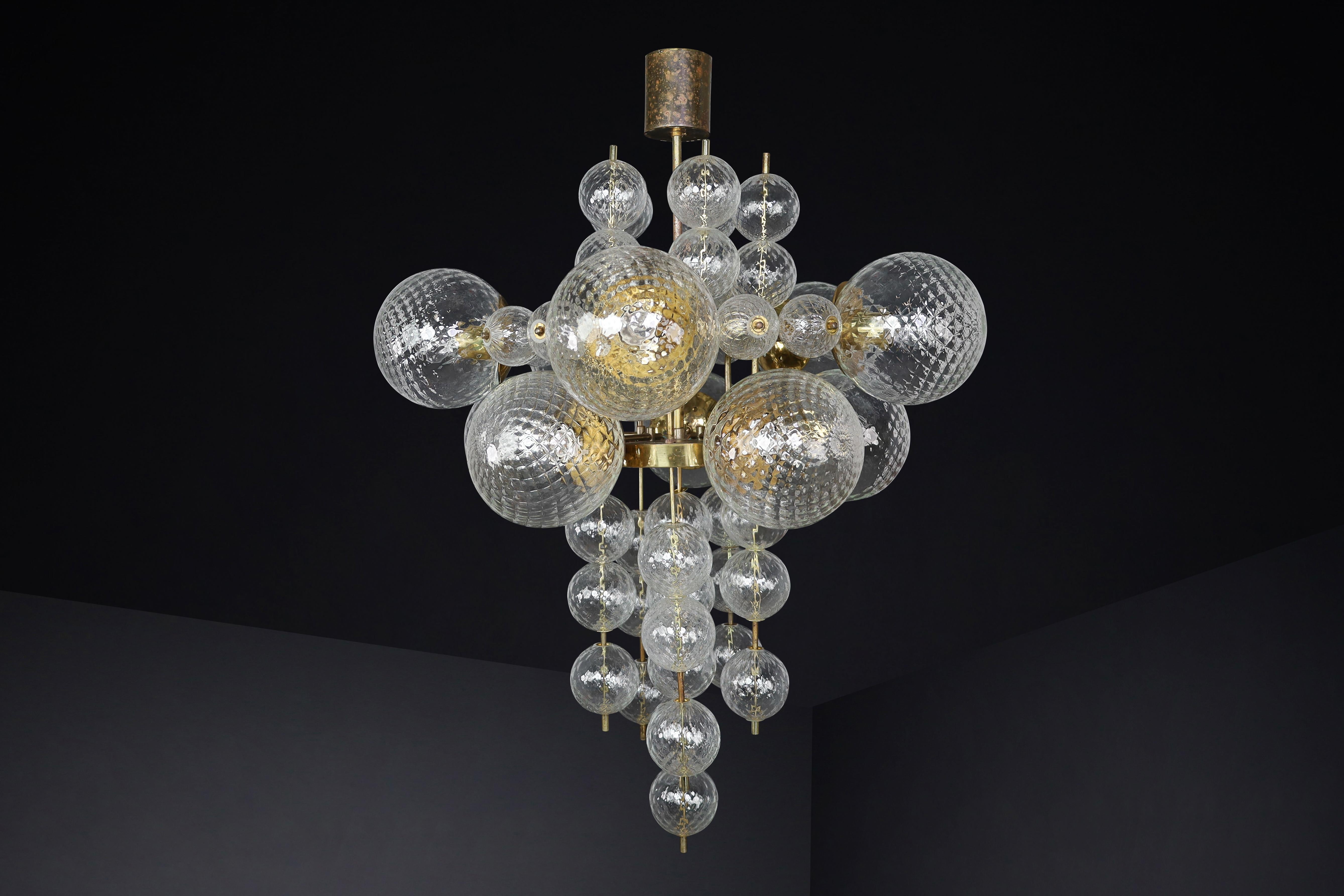  Chandelier with Patinated brass fixture and hand-blowed glass globes  CZ 1960s For Sale 3