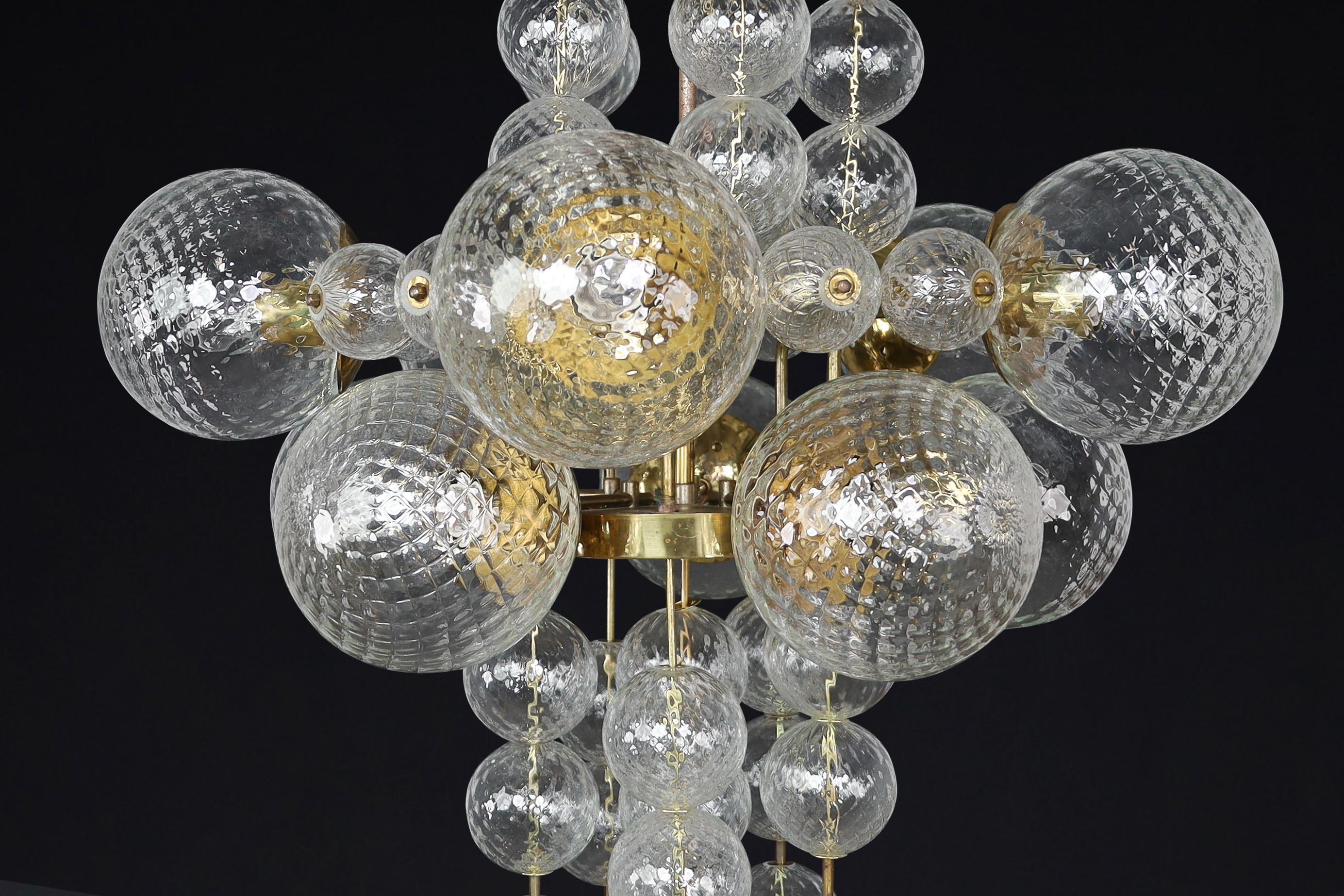  Chandelier with Patinated brass fixture and hand-blowed glass globes  CZ 1960s For Sale 4