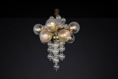 Chandelier with Patinated brass fixture and hand-blowed glass globes  CZ 1960s