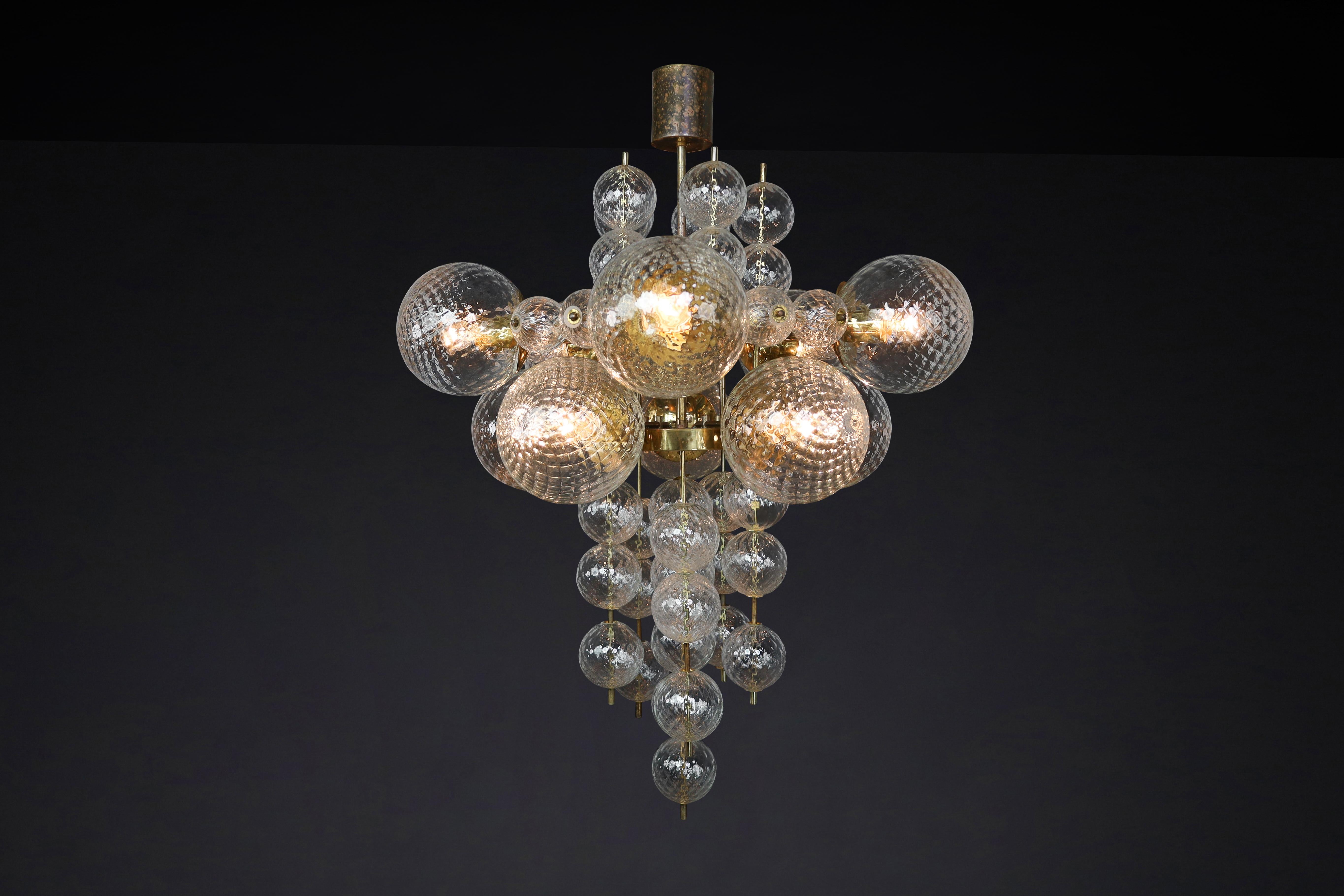 Brass  Chandelier with Patinated brass fixture and hand-blowed glass globes  CZ 1960s For Sale