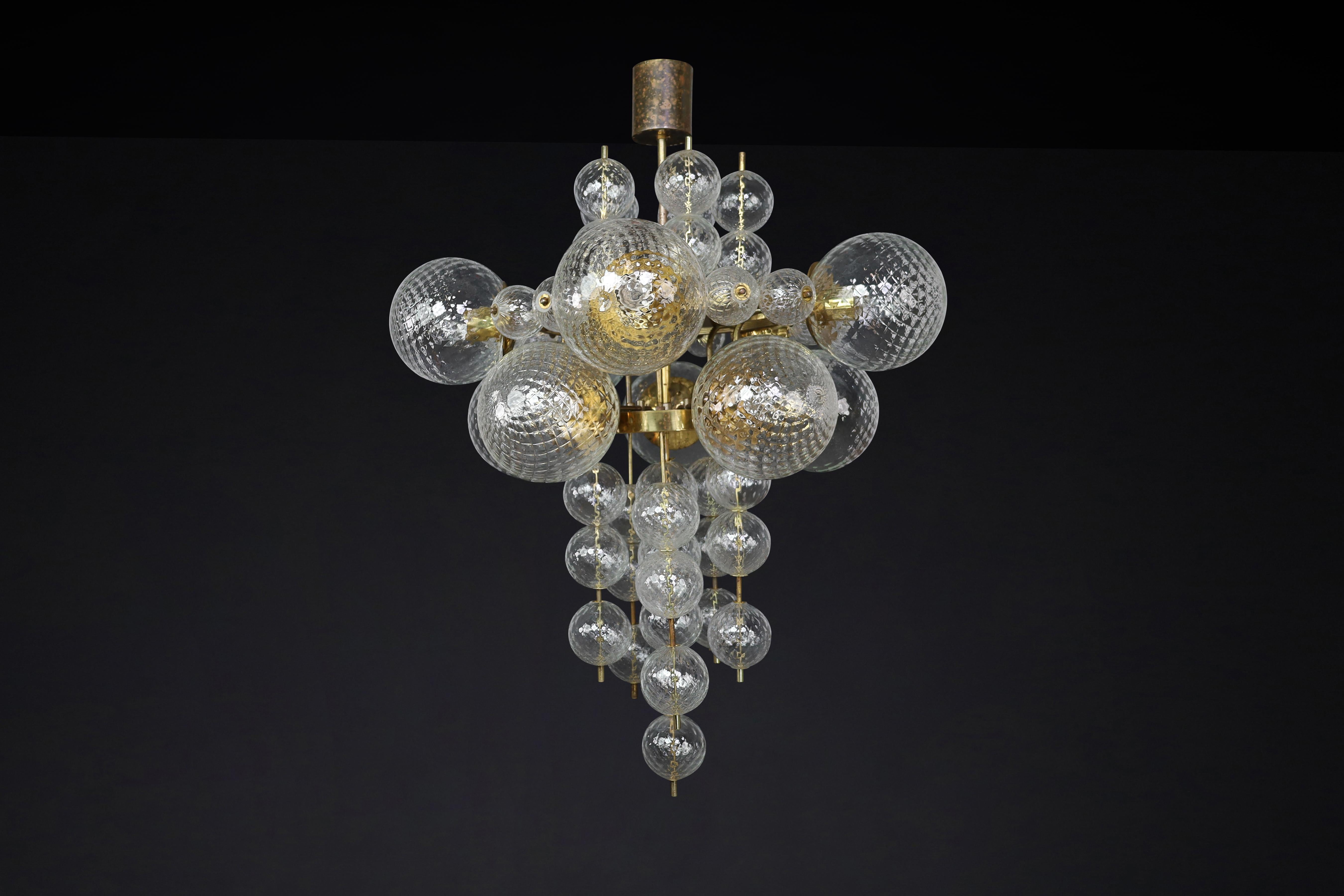  Chandelier with Patinated brass fixture and hand-blowed glass globes  CZ 1960s For Sale 1