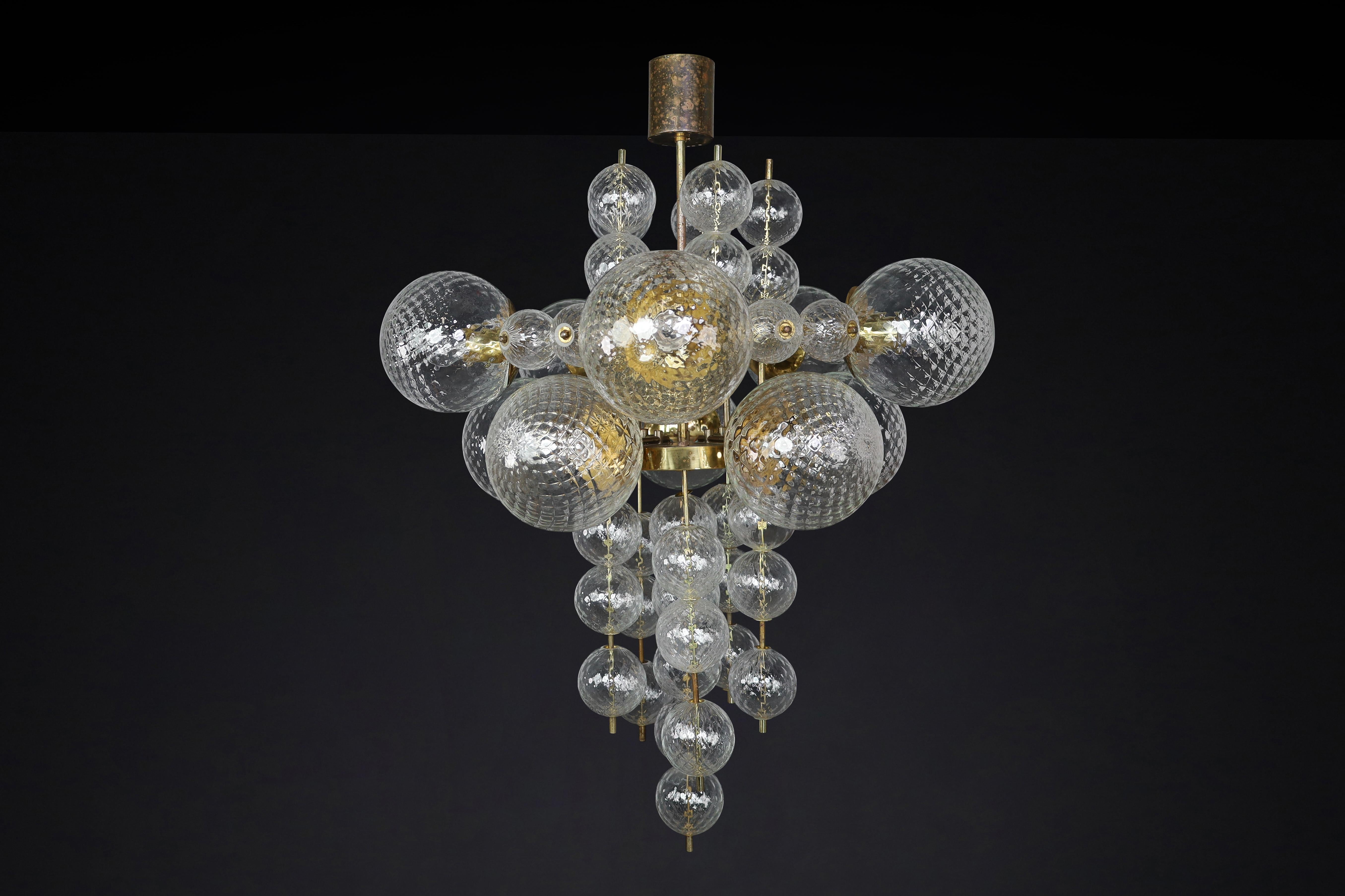  Chandelier with Patinated brass fixture and hand-blowed glass globes  CZ 1960s For Sale 2
