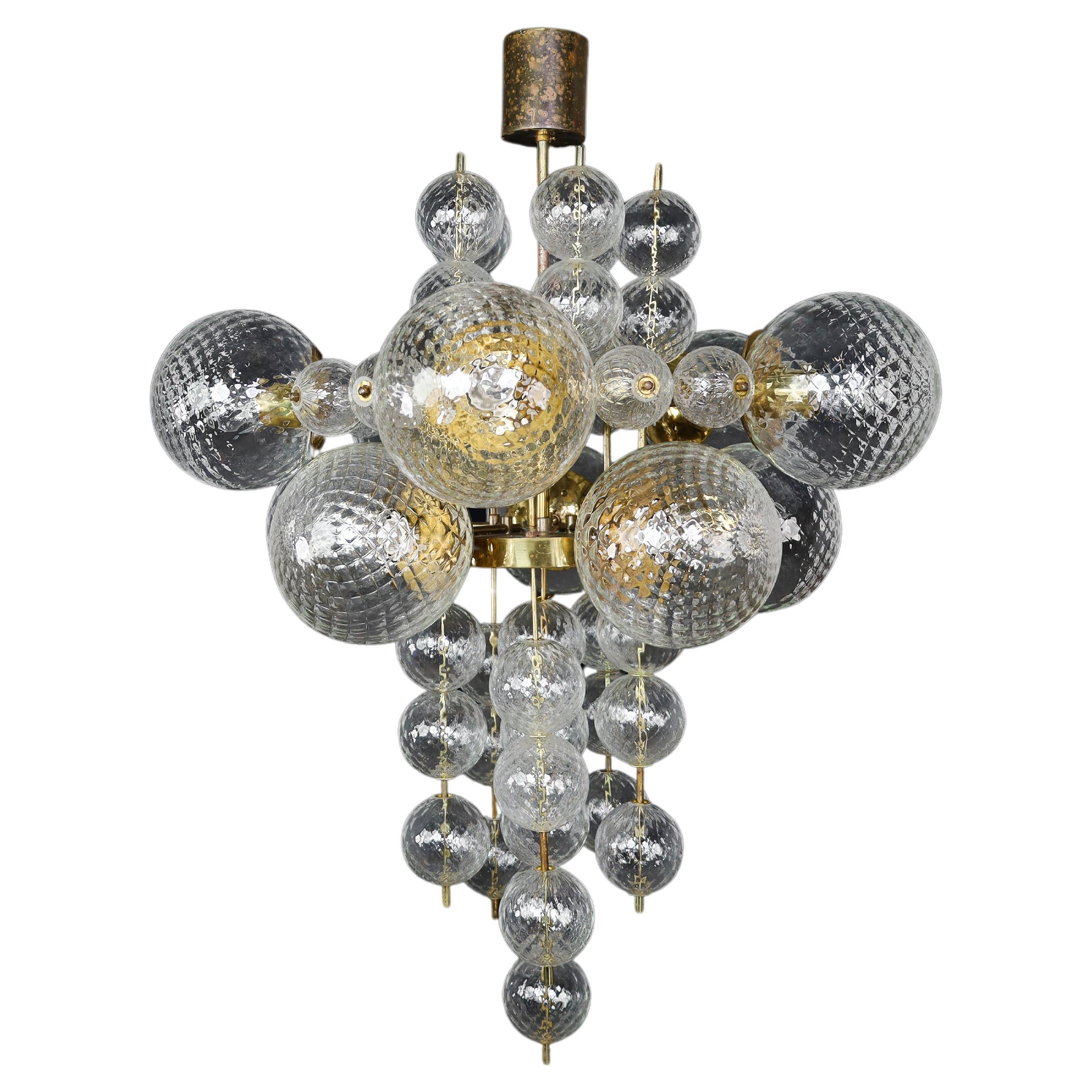  Chandelier with Patinated brass fixture and hand-blowed glass globes  CZ 1960s For Sale