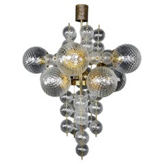 Vintage Chandelier with Patinated brass fixture and hand-blowed glass globes  CZ 1960s