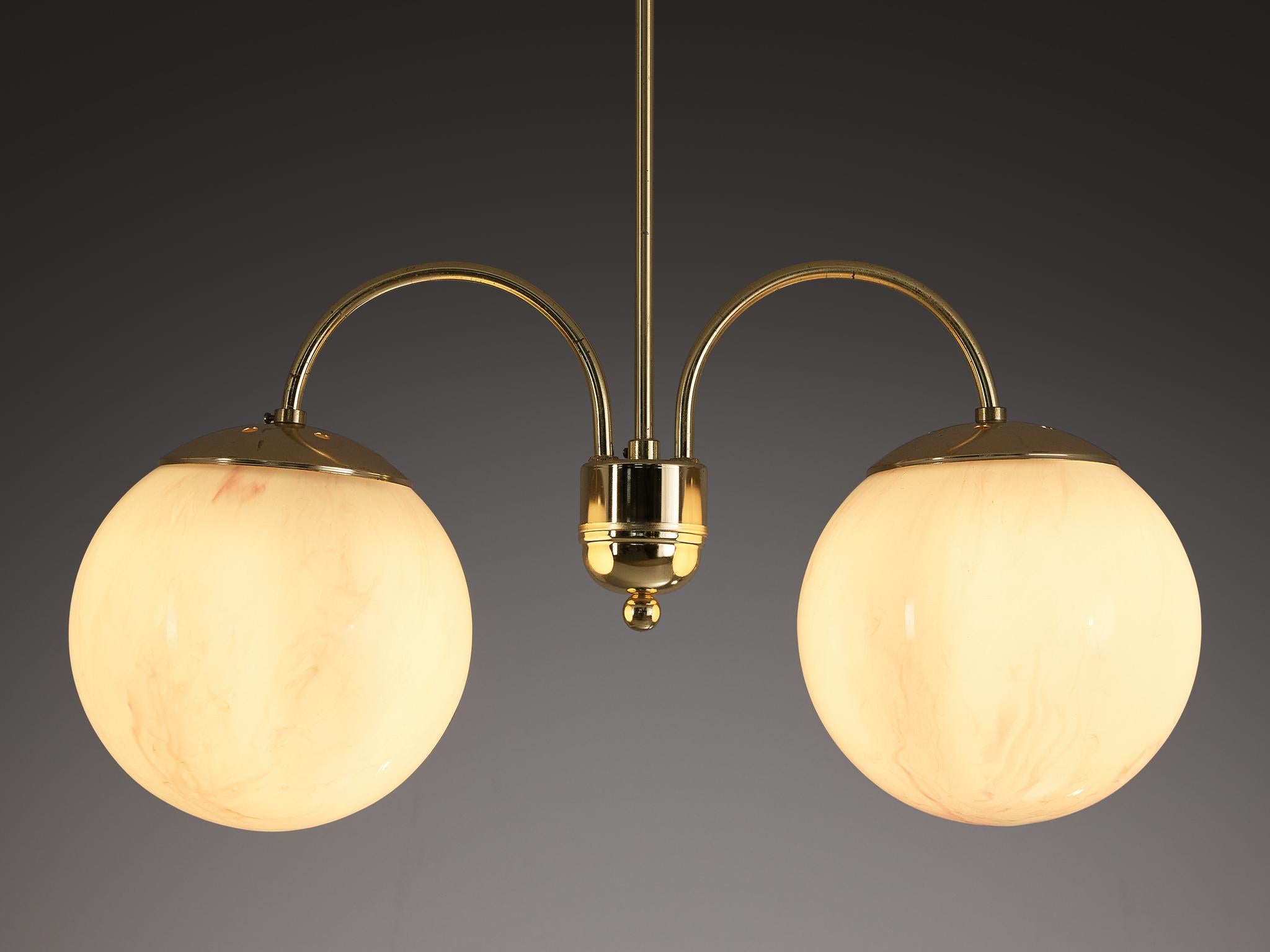 Mid-Century Modern Chandelier with Pink Marbled Glass Spheres and Brass For Sale