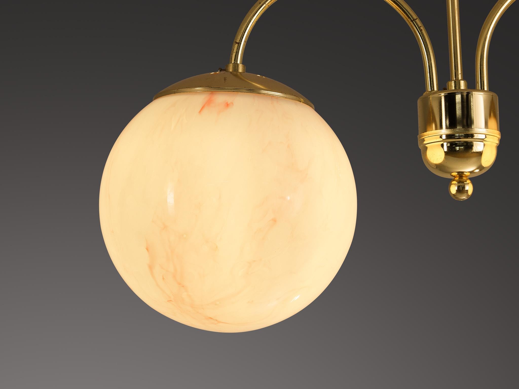 Mid-20th Century Chandelier with Pink Marbled Glass Spheres and Brass For Sale