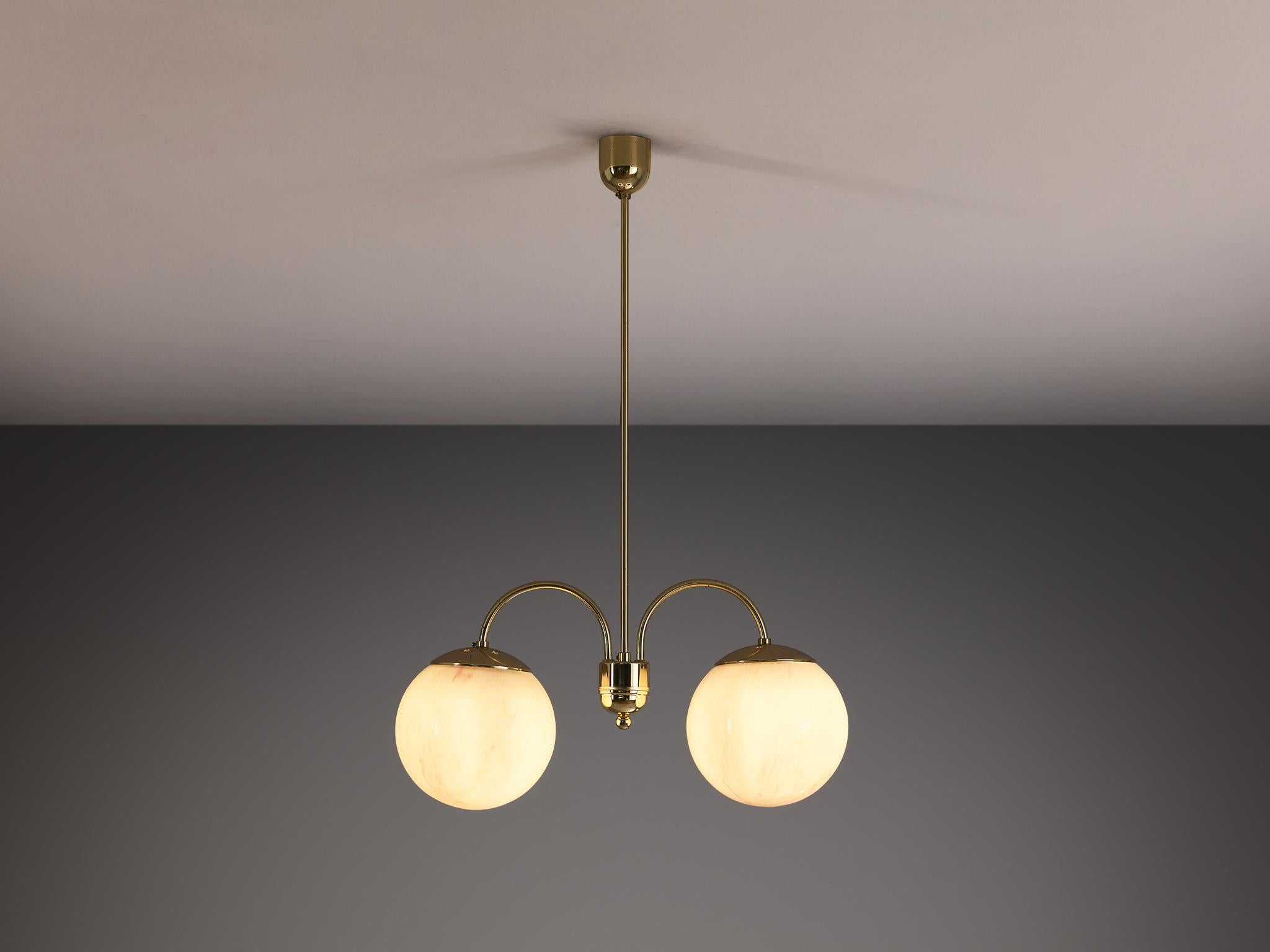 Chandelier with Pink Marbled Glass Spheres and Brass For Sale 1