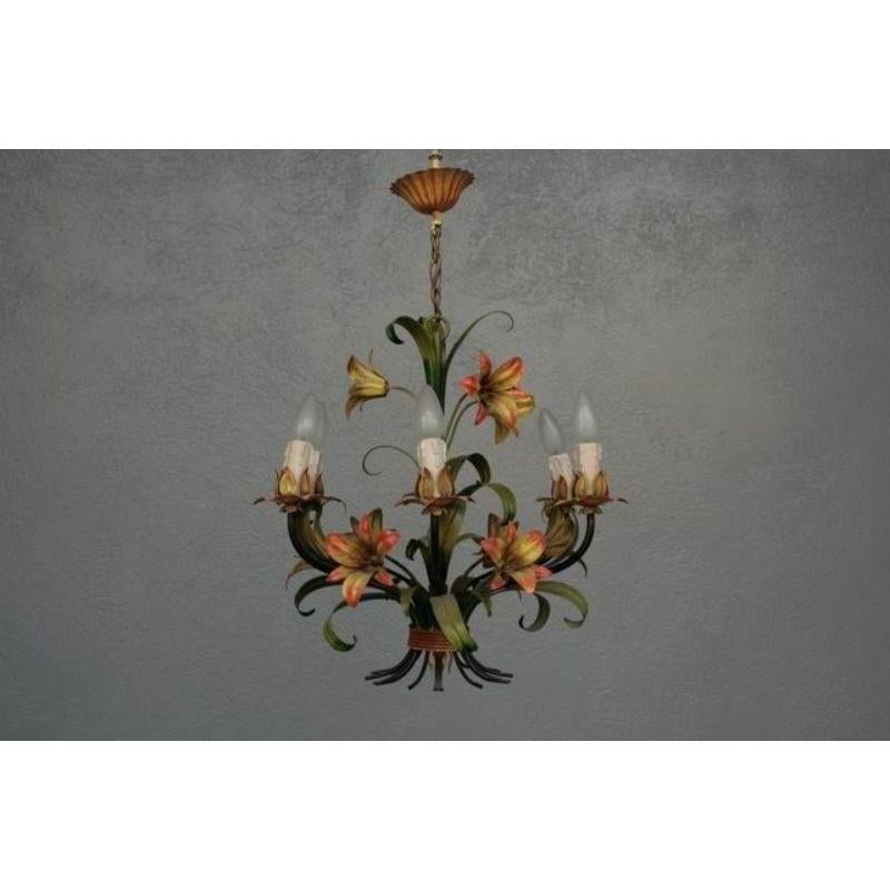 1940 chandelier with polychrome flowers in sheet metal, height 72 cm for a diameter of 52 cm.

Additional information:
Style: 1940s to 1960s.