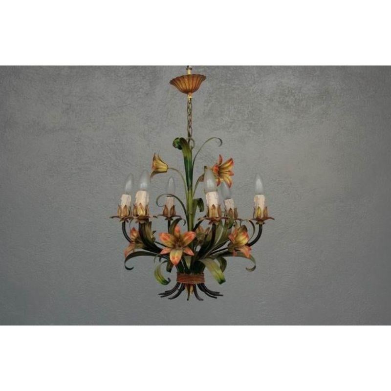 20th Century Chandelier with Polychrome Flowers in Sheet Metal, 1940 For Sale