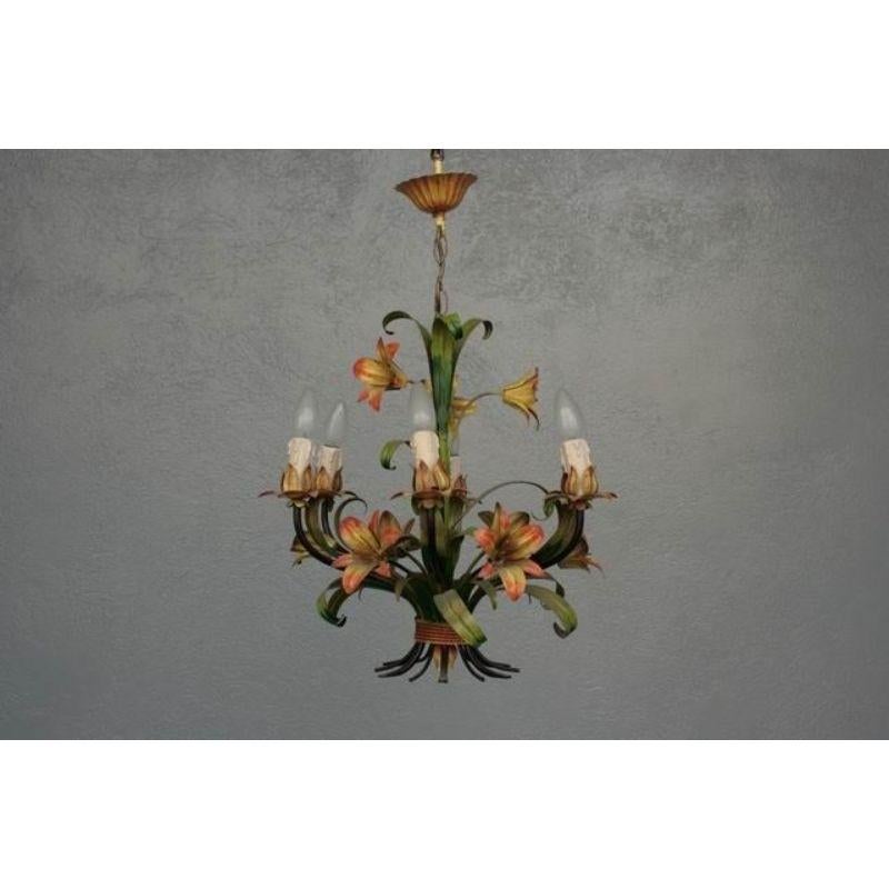 Chandelier with Polychrome Flowers in Sheet Metal, 1940 For Sale 1