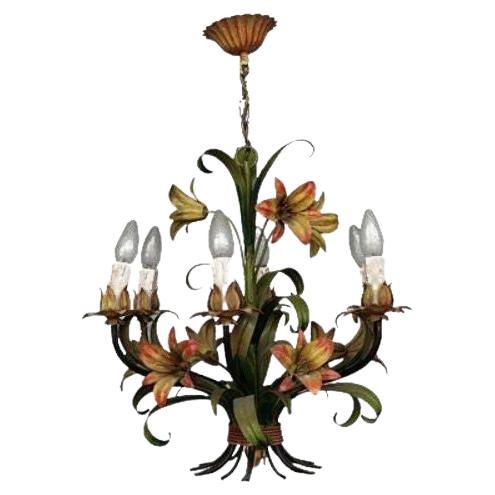 Chandelier with Polychrome Flowers in Sheet Metal, 1940 For Sale