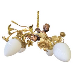 French Belle Époque Putto Chandelier with Opaline Glass, circa 1900