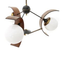 Chandelier with Three Diffusers in Teak, Brass and Glass, 1960s