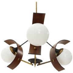 Chandelier with Three Diffusers in Teak, Brass and Glass, 1960s