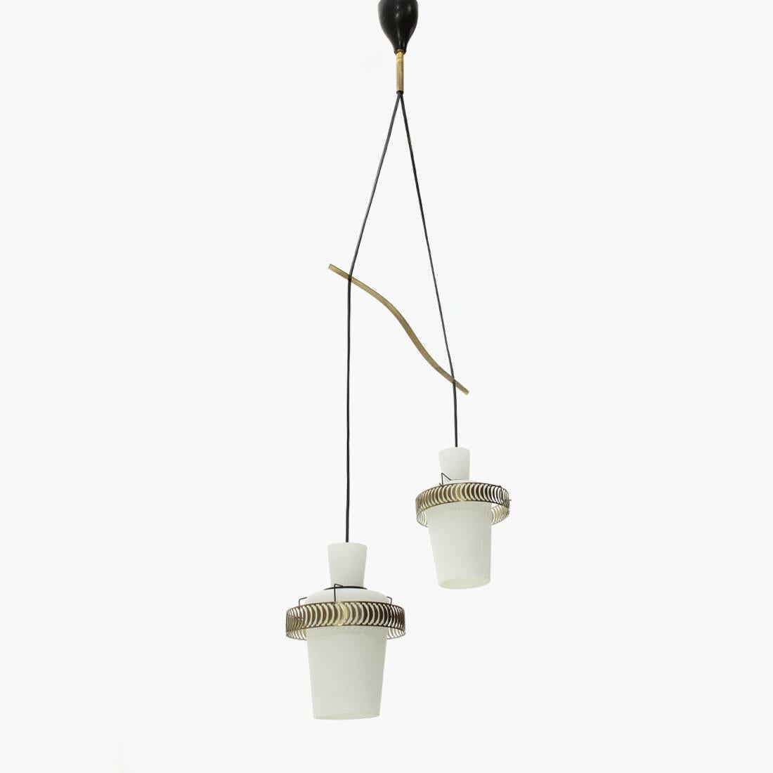 Mid-Century Modern Chandelier with Two Pendants in Opal Glass and Brass, 1950s For Sale