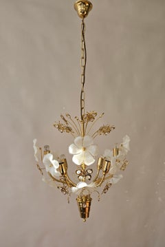 Chandelier with White Murano Glass Flowers and Crystal Butterflies