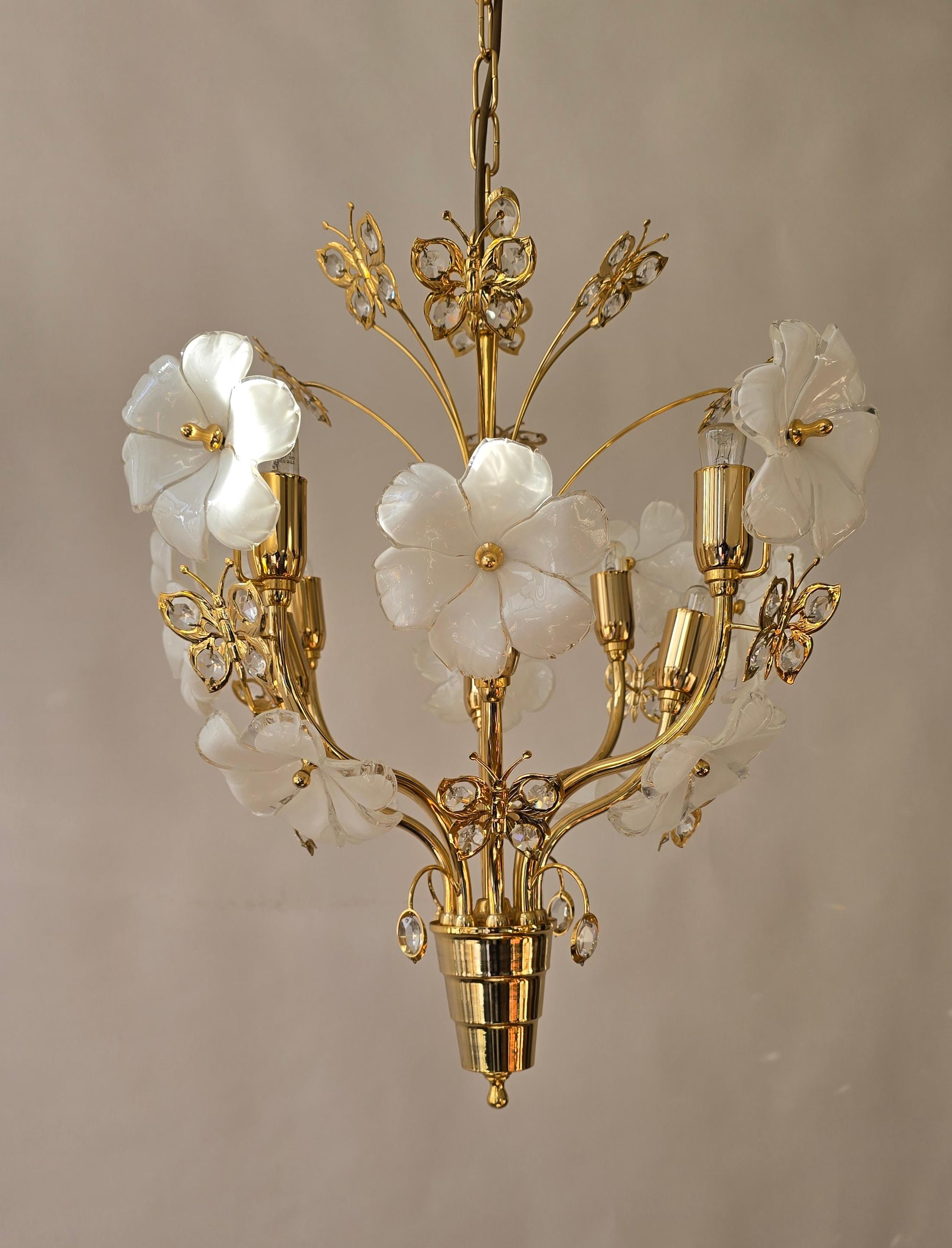 Italian Chandelier with White Murano Glass Flowers and Crystal Butterflies For Sale