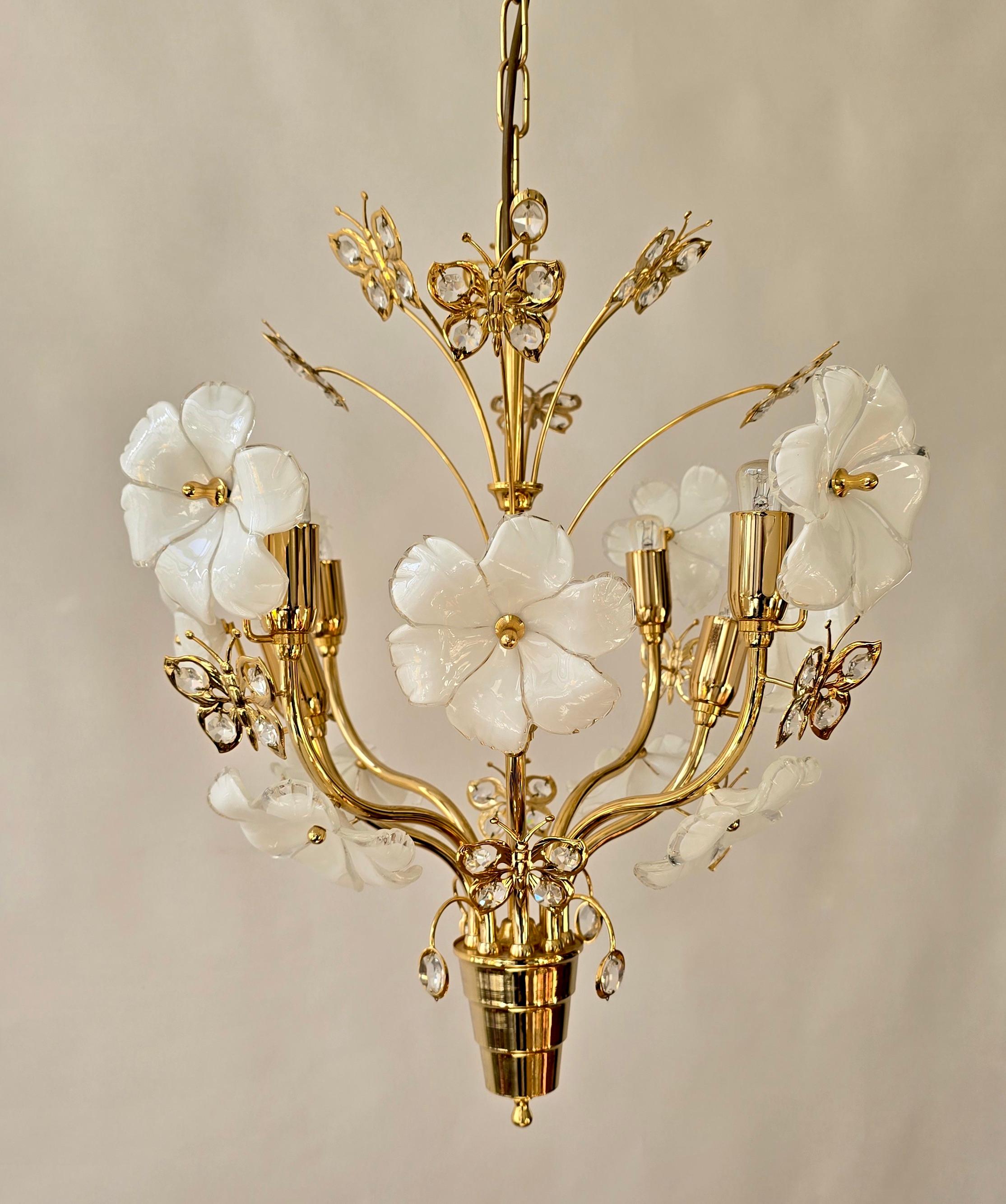 Brass Chandelier with White Murano Glass Flowers and Crystal Butterflies For Sale