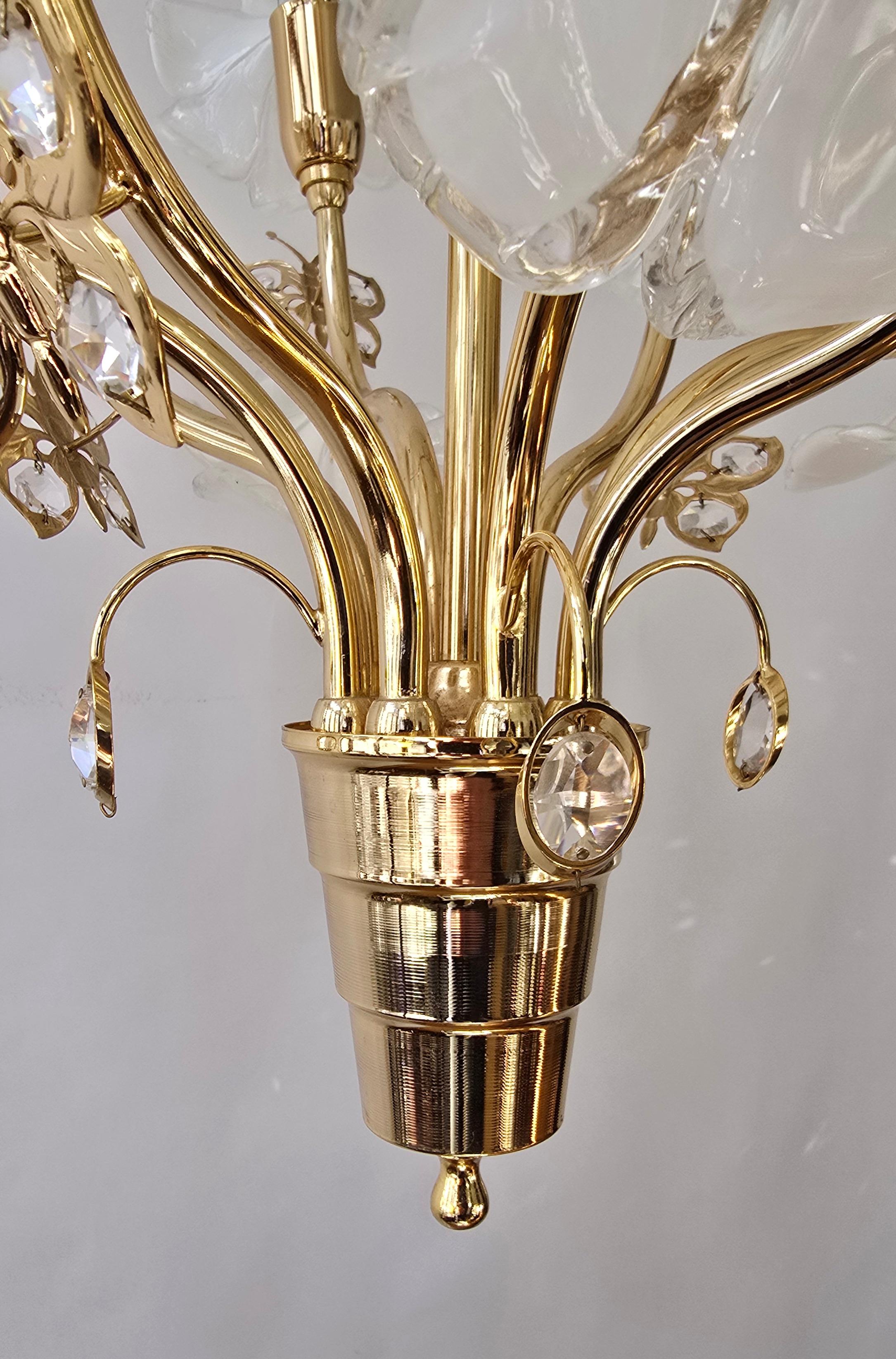 Chandelier with White Murano Glass Flowers and Crystal Butterflies For Sale 1