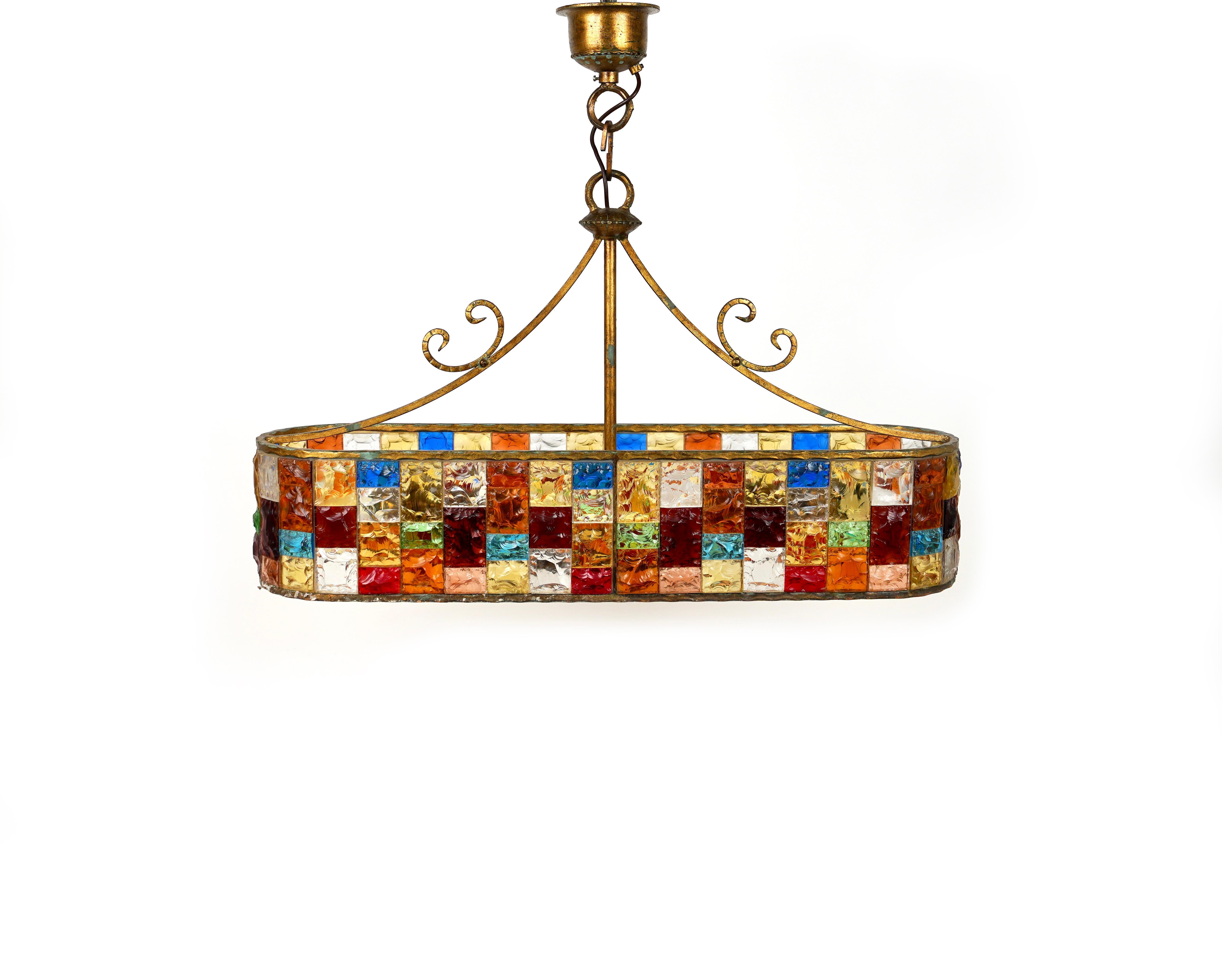 Metal Chandelier Wrought Iron and Hammered Glass by Longobard, Italy, 1970s For Sale