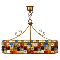 Used Chandelier Wrought Iron and Hammered Glass by Longobard, Italy, 1970s