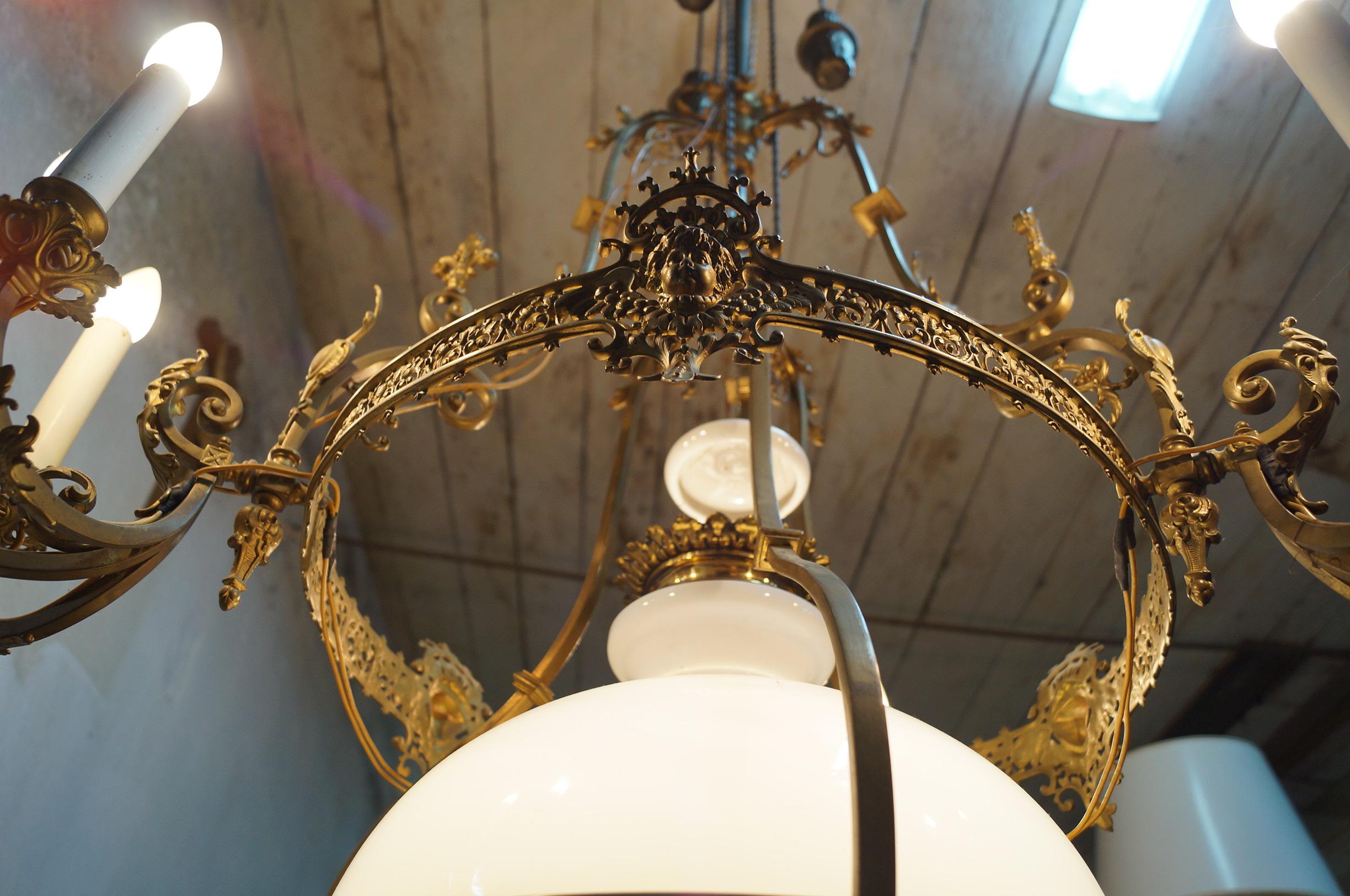 Art Glass Chandelier 19th Century, Brass For Sale