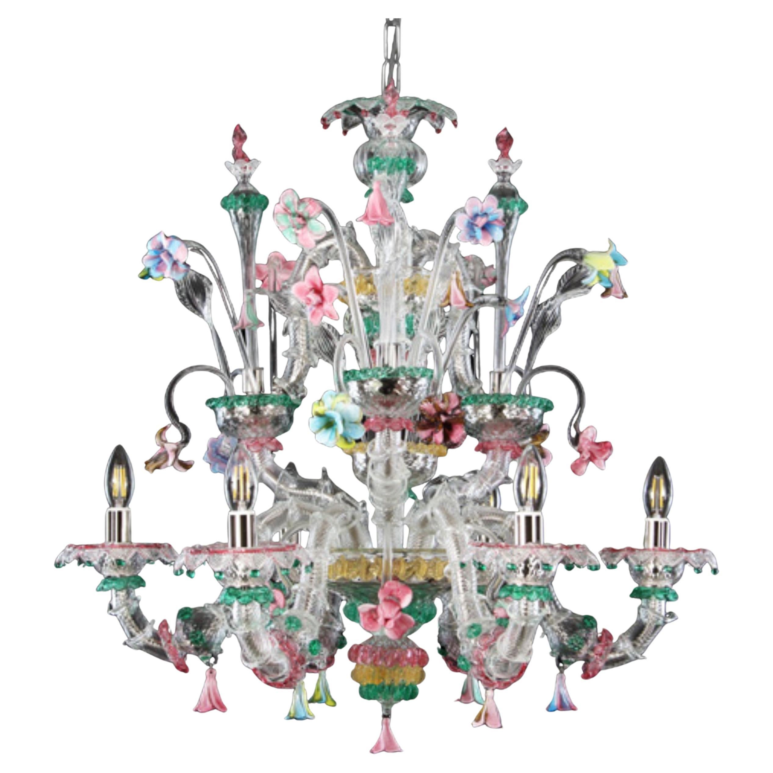 2 Chandeliers 6+3 arms clear Murano Glass with multicolour details by Multiforme