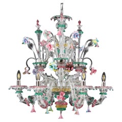 2 Chandeliers 6+3 arms clear Murano Glass with multicolour details by Multiforme