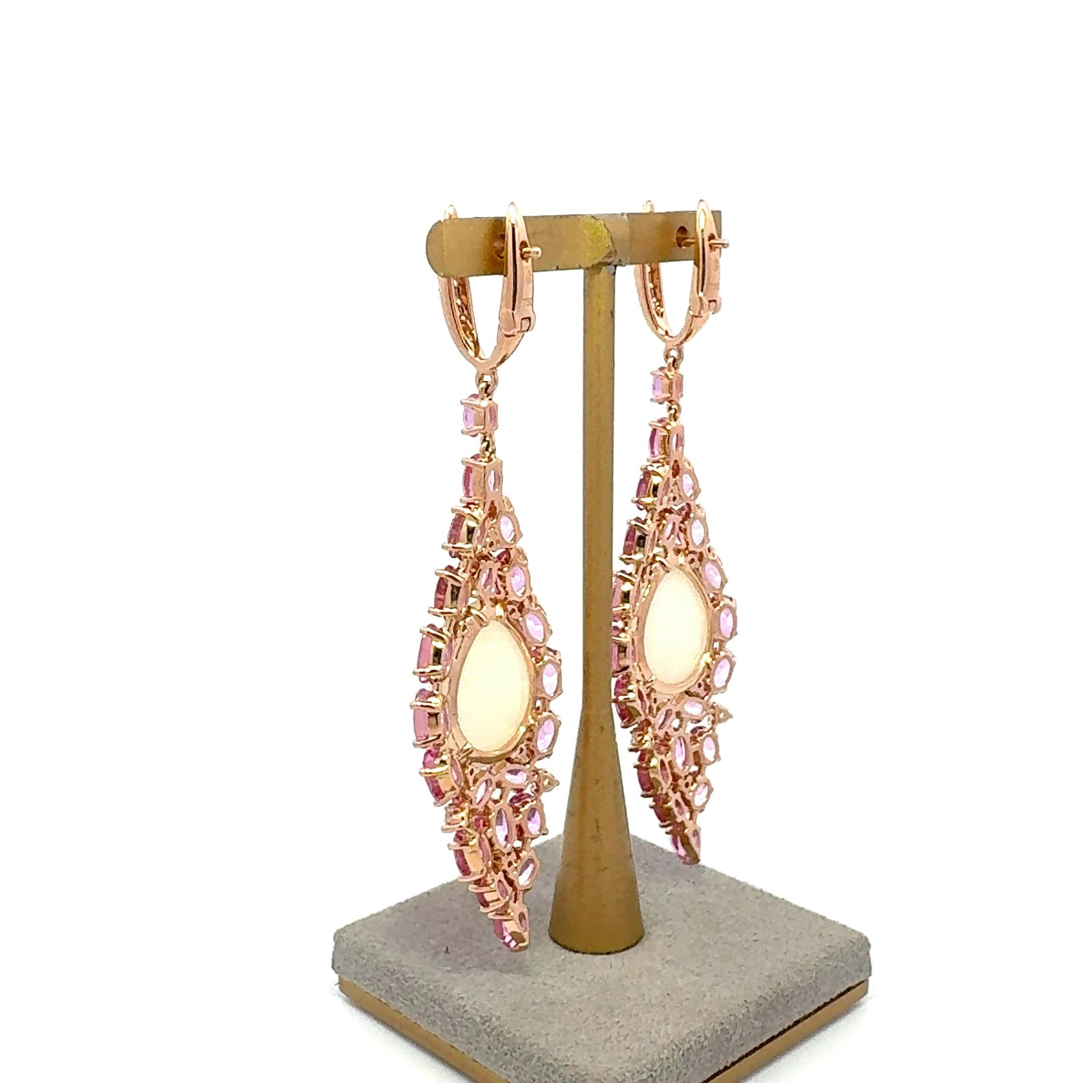 Modern Chandeliers Diamond Pink Sapphire Opal 18K Yellow Gold Earrings For Her For Sale