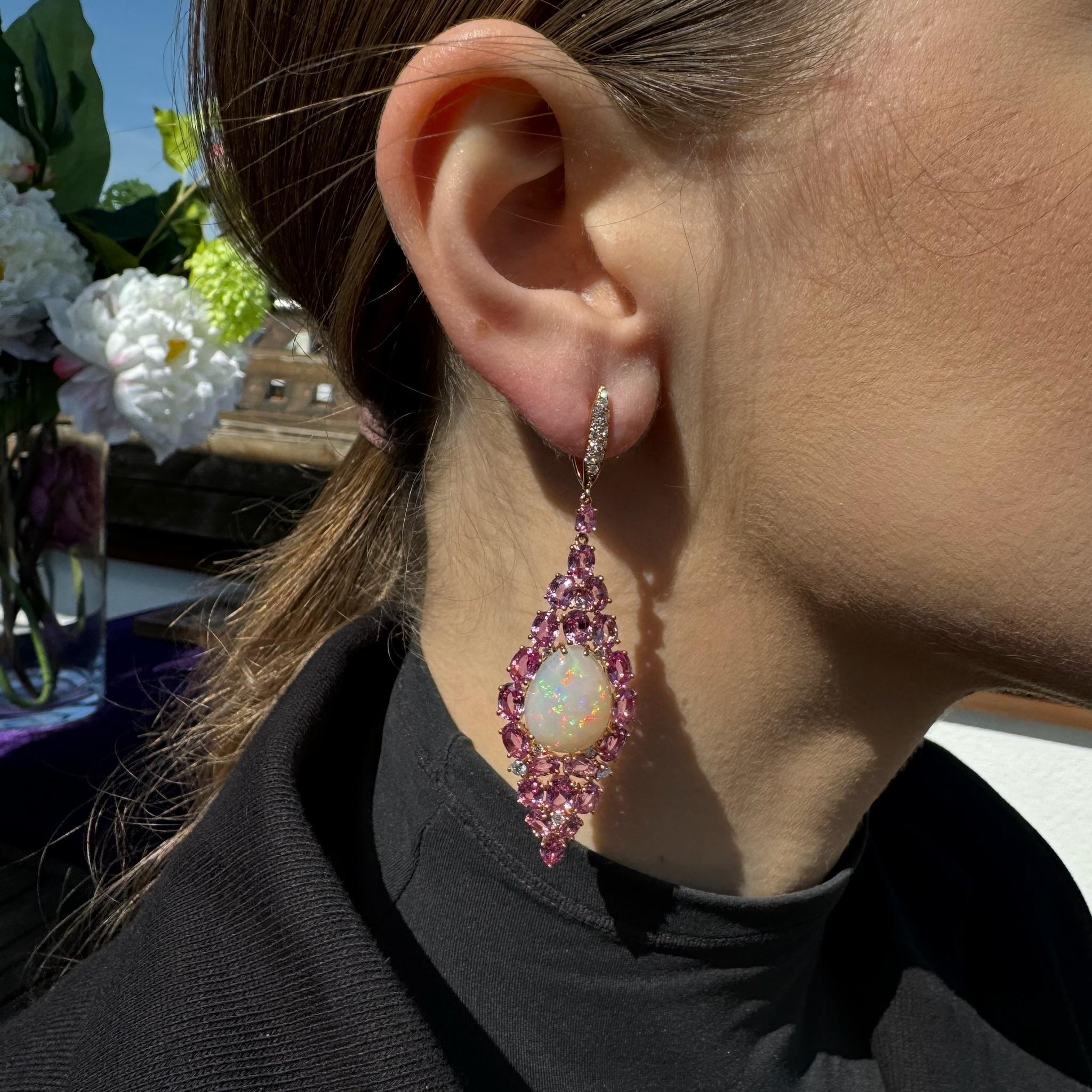 Round Cut Chandeliers Diamond Pink Sapphire Opal 18K Yellow Gold Earrings For Her For Sale