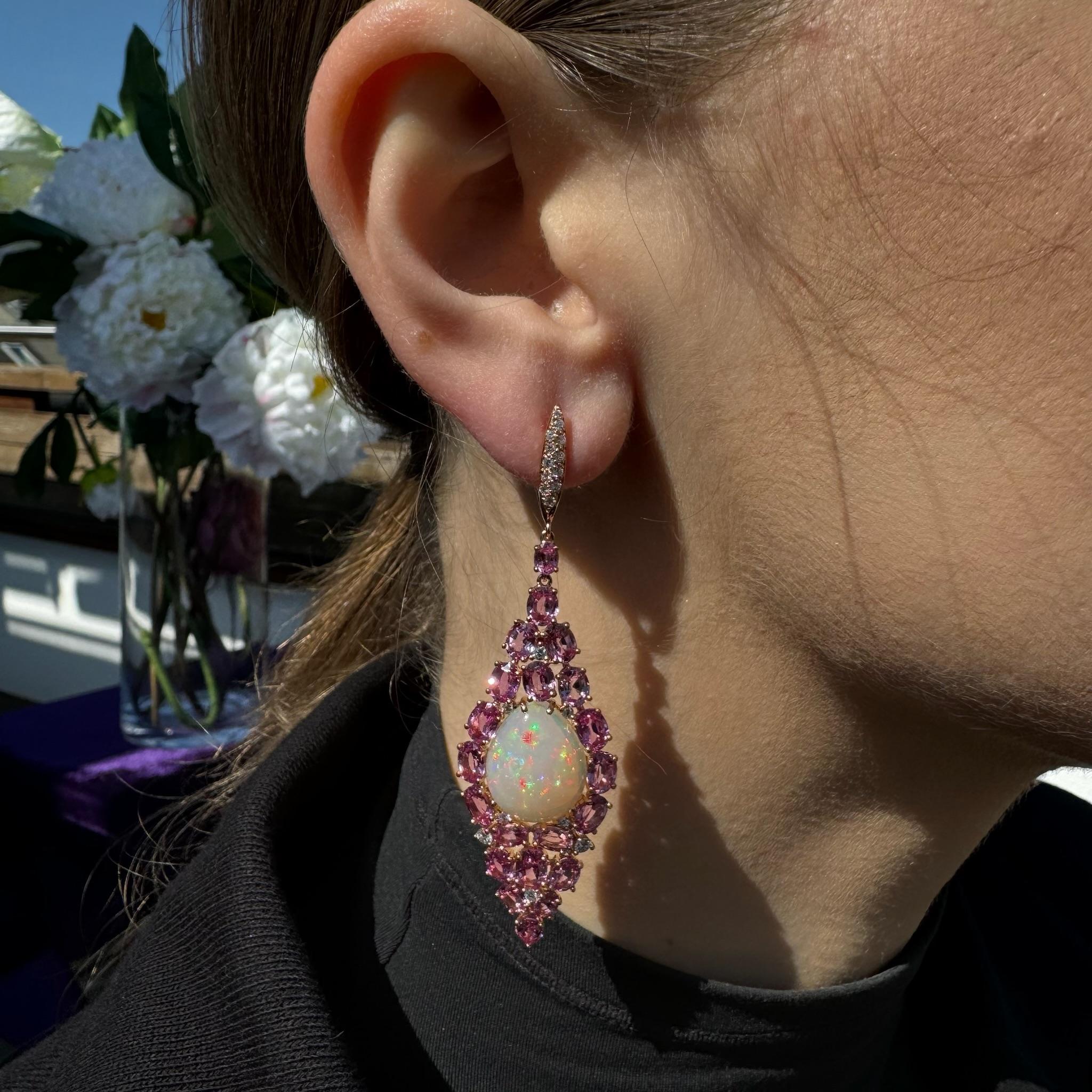 Chandeliers Diamond Pink Sapphire Opal 18K Yellow Gold Earrings For Her In New Condition For Sale In Montreux, CH