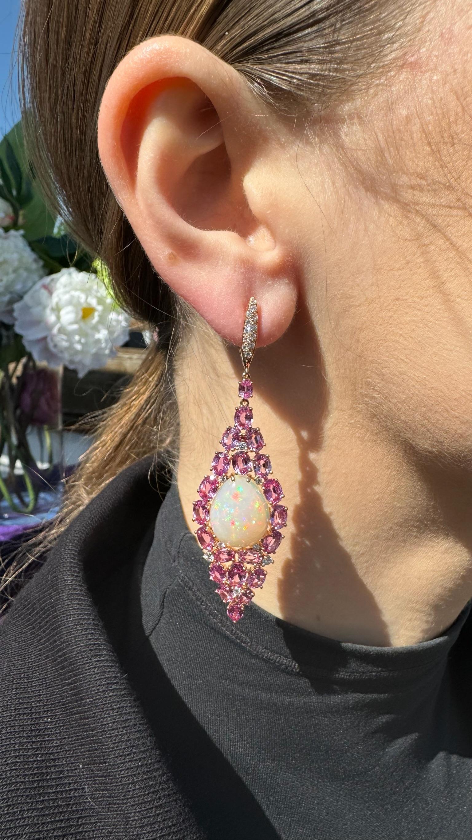 Women's Chandeliers Diamond Pink Sapphire Opal 18K Yellow Gold Earrings For Her For Sale