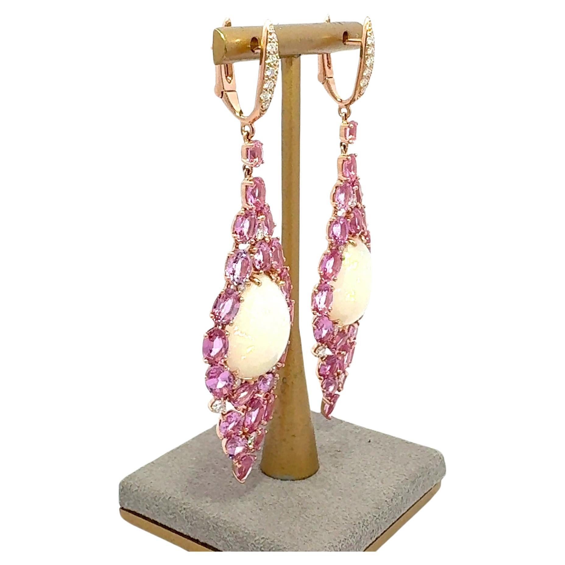 Chandeliers Diamond Pink Sapphire Opal 18K Yellow Gold Earrings For Her For Sale