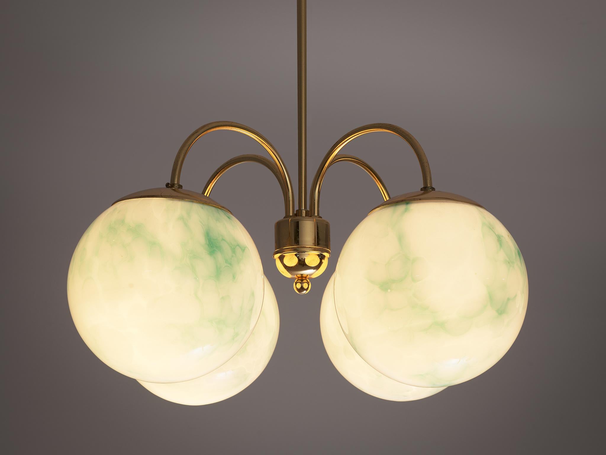 Mid-Century Modern Chandeliers with Green Marbled Glass Spheres and Brass  For Sale