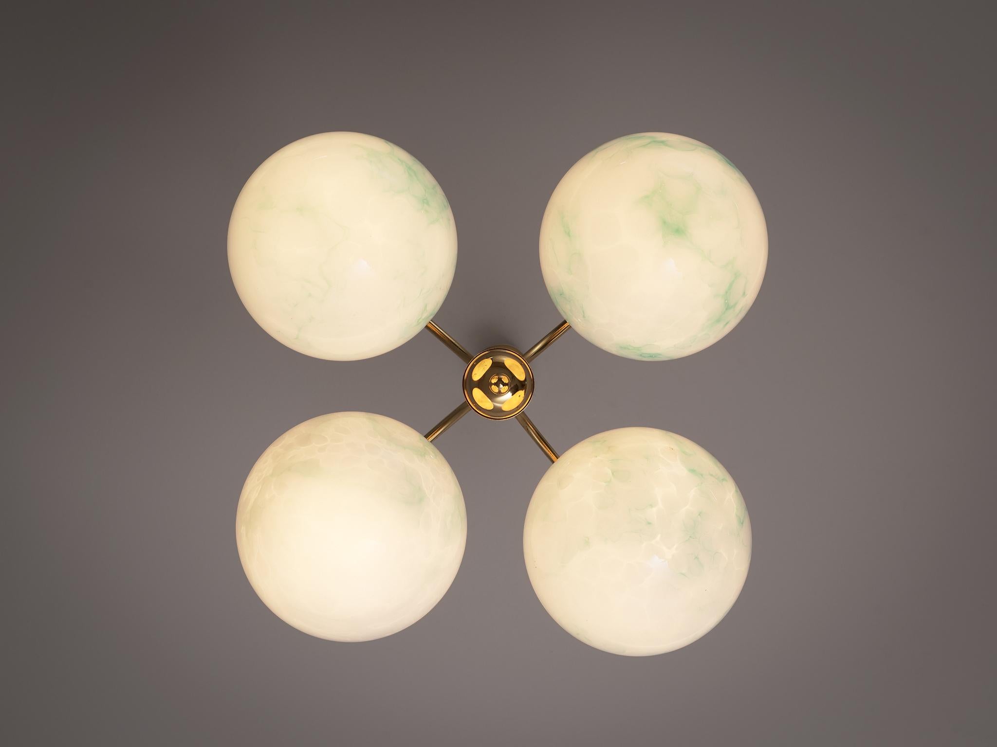 Czech Chandeliers with Green Marbled Glass Spheres and Brass  For Sale