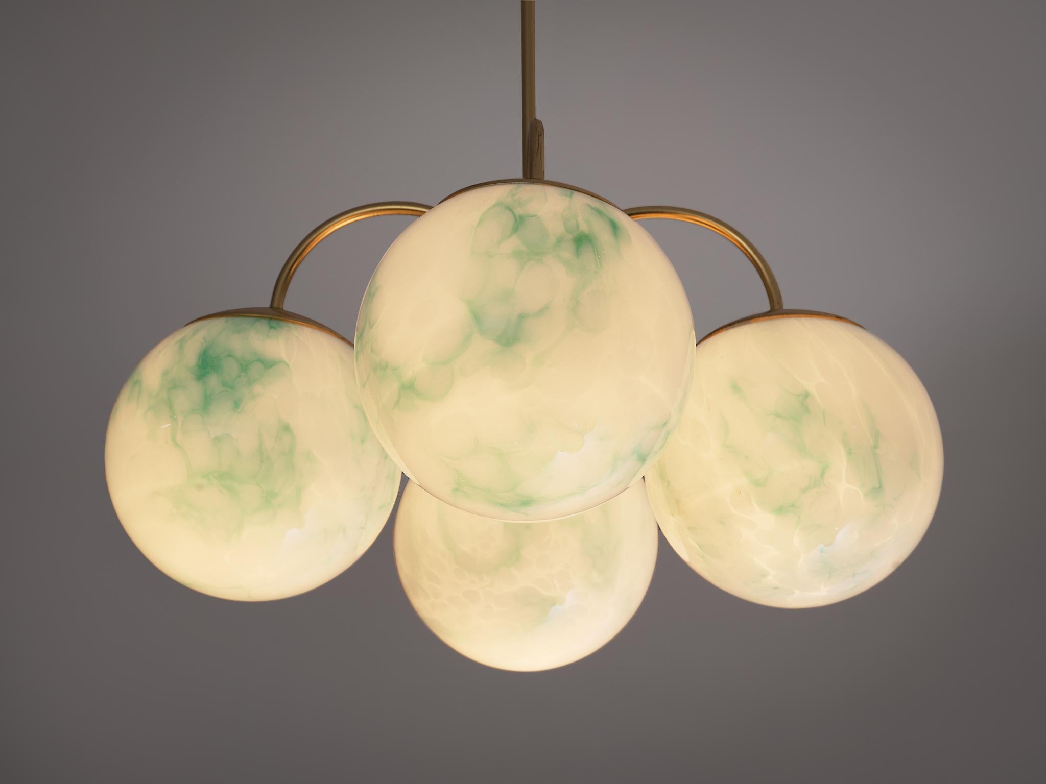 Chandeliers with Green Marbled Glass Spheres and Brass  In Good Condition For Sale In Waalwijk, NL