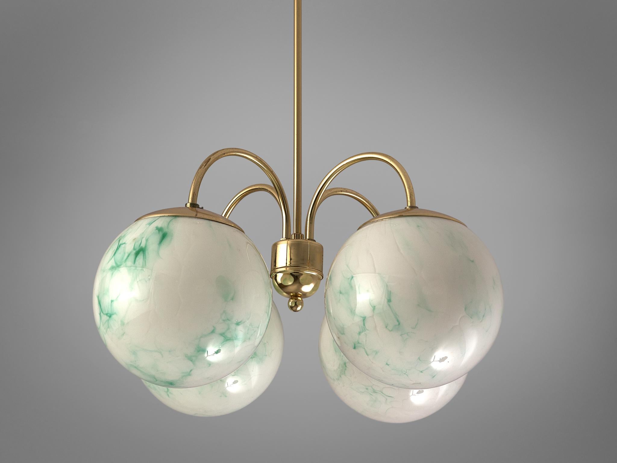 Mid-20th Century Chandeliers with Green Marbled Glass Spheres and Brass  For Sale