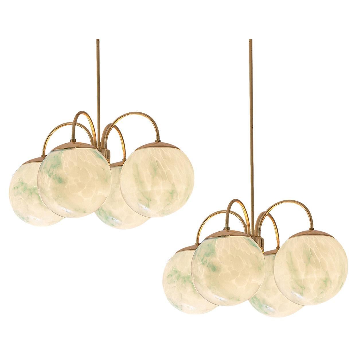 Chandeliers with Green Marbled Glass Spheres and Brass 