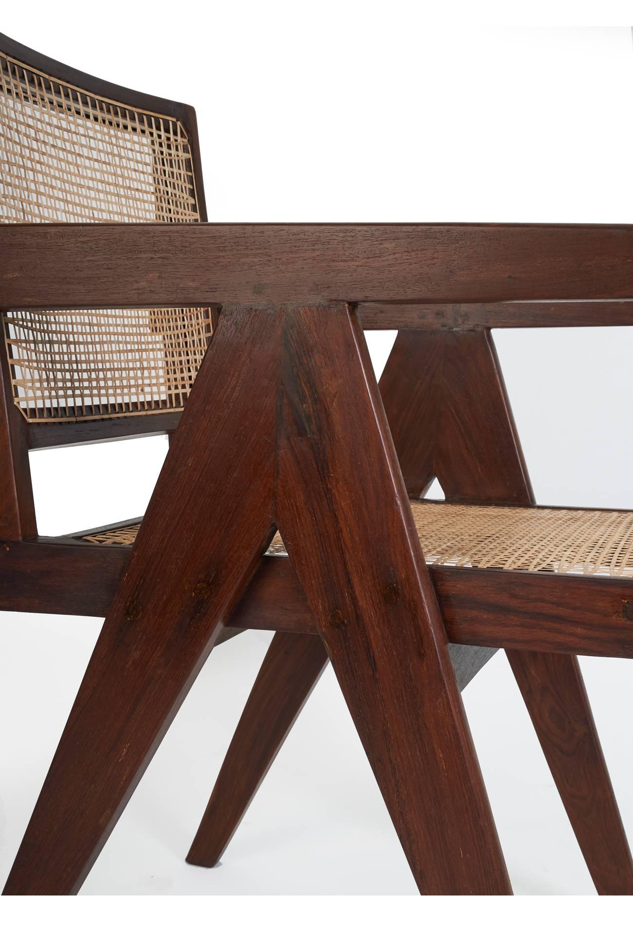 Mid-Century Modern Chandigarh Teak and Wicker Office or Armchair by Pierre Jeanneret