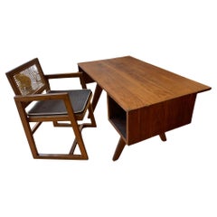 Chandigarh Teak Desk and Cane Armchair by Pierre Jeanneret (1896–1967), c. 1960s