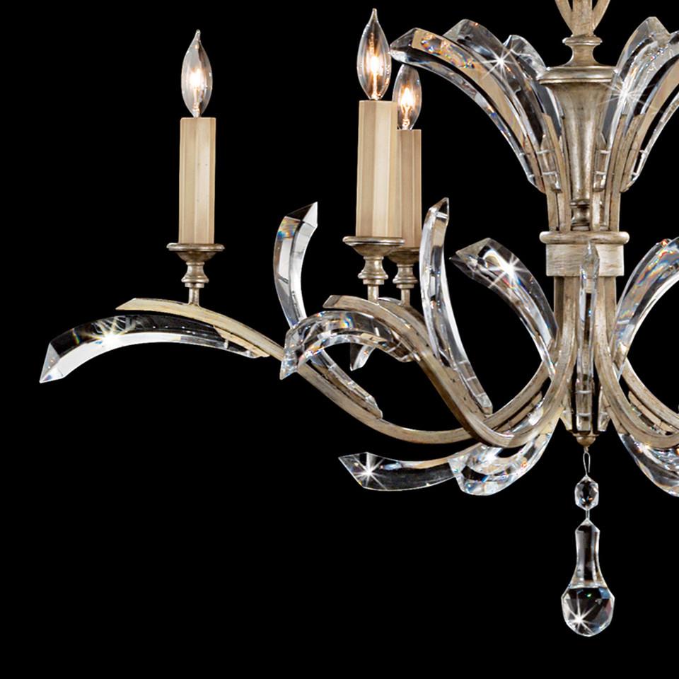 This handcrafted fixture from Hialeah Florida, USA is accented with Beveled Crystal Accents atop a Soft Gold Leaf Finish. It arrives in nearly new condition, a young fixture with limited prior handling. 