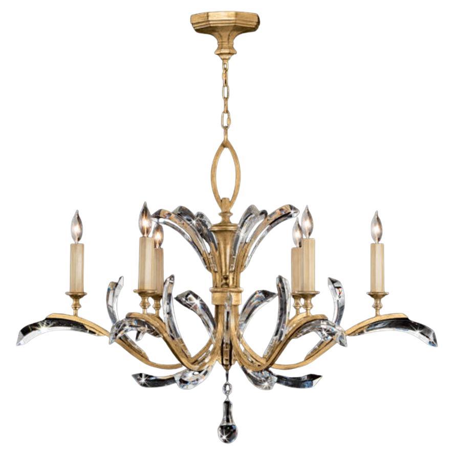 Chandlier in a Soft Gold Leaf Finish Featuring Beveled Crystal Accents For Sale