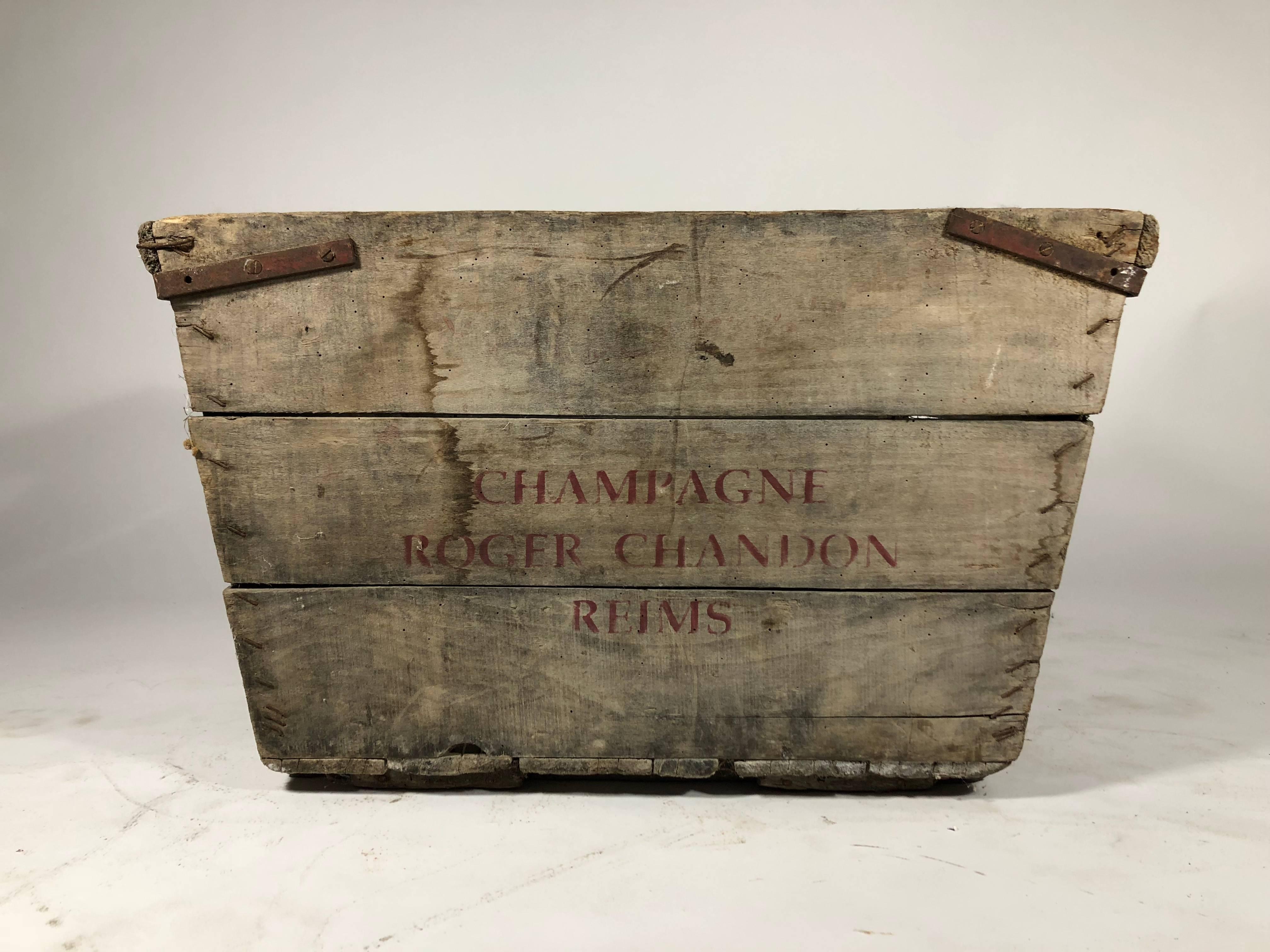 Painted wood champagne crate with original iron staples and brackets.