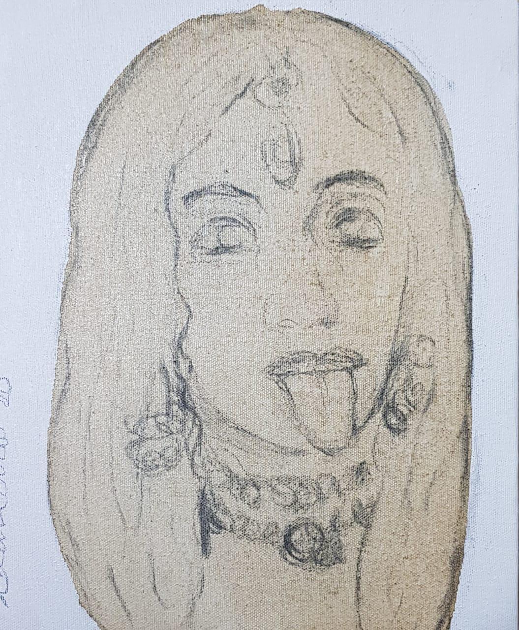 Devi Devi, Holzkohle, Aquarell, Teeflecken auf Leinwand von zeitgenössischem Künstler, auf Lager