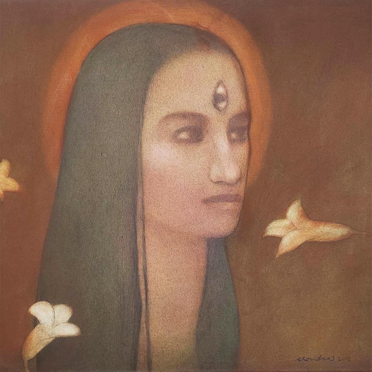 Chandra Bhattacharya Figurative Painting – Gesicht, Acryl auf Leinwand, Brown, Schwarze Farben von Contemporary Artist Auf Lager
