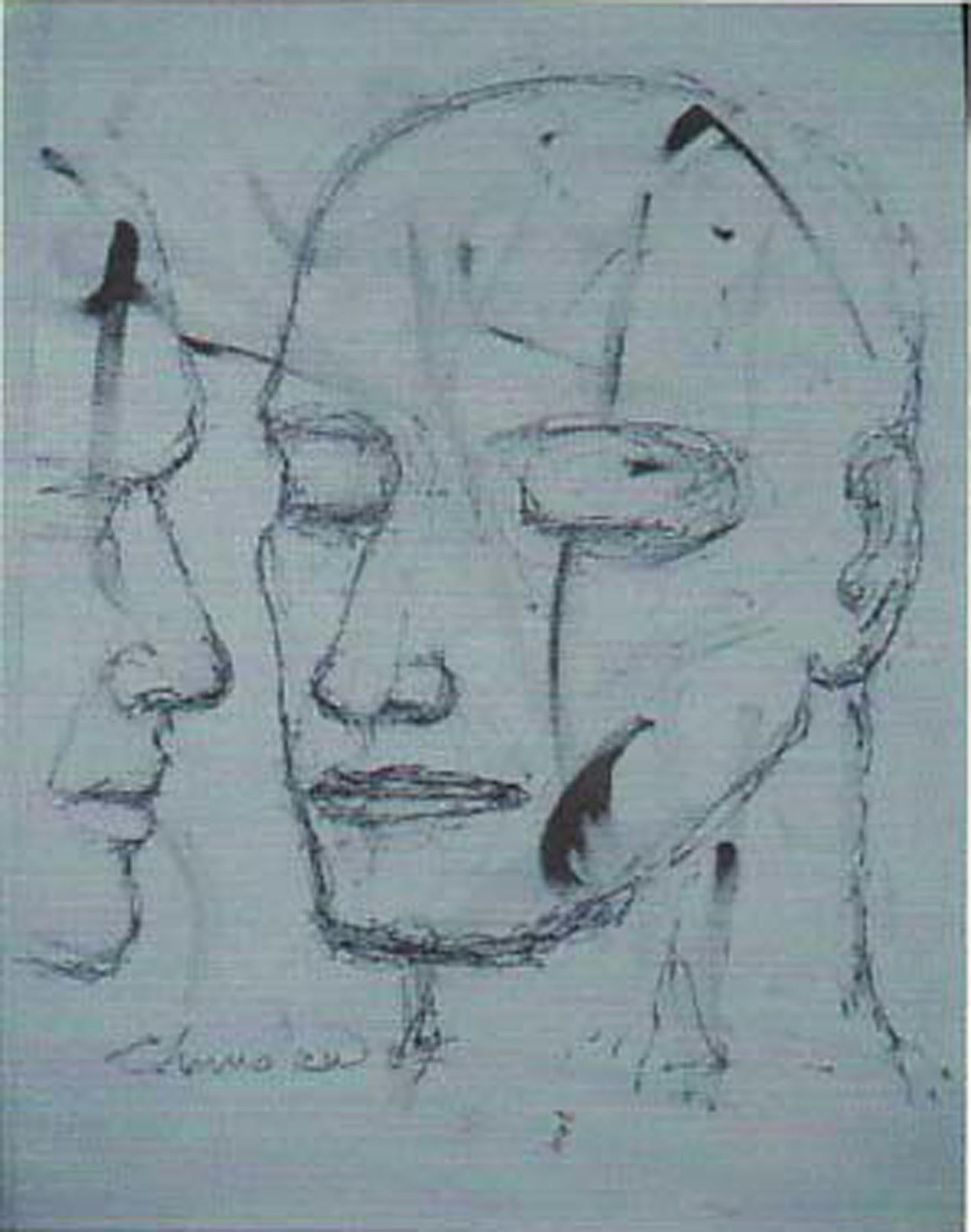 Figurative Art Chandra Bhattacharya - Face of a Man, dessin figuratif au fusain de l'artiste indien très apprécié