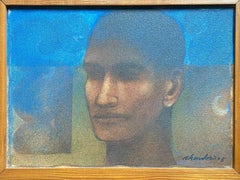 Face, Oil on Canvas, Blue, Yellow, Brown by Contemporary Artist “In Stock”